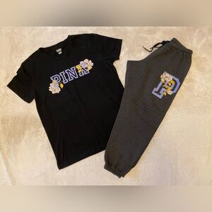 VS PINK OUTFIT SET SHORT SLEEVE CAMPUS TEE SHIRT & SWEATPANTS FLORAL LOGO HTF L